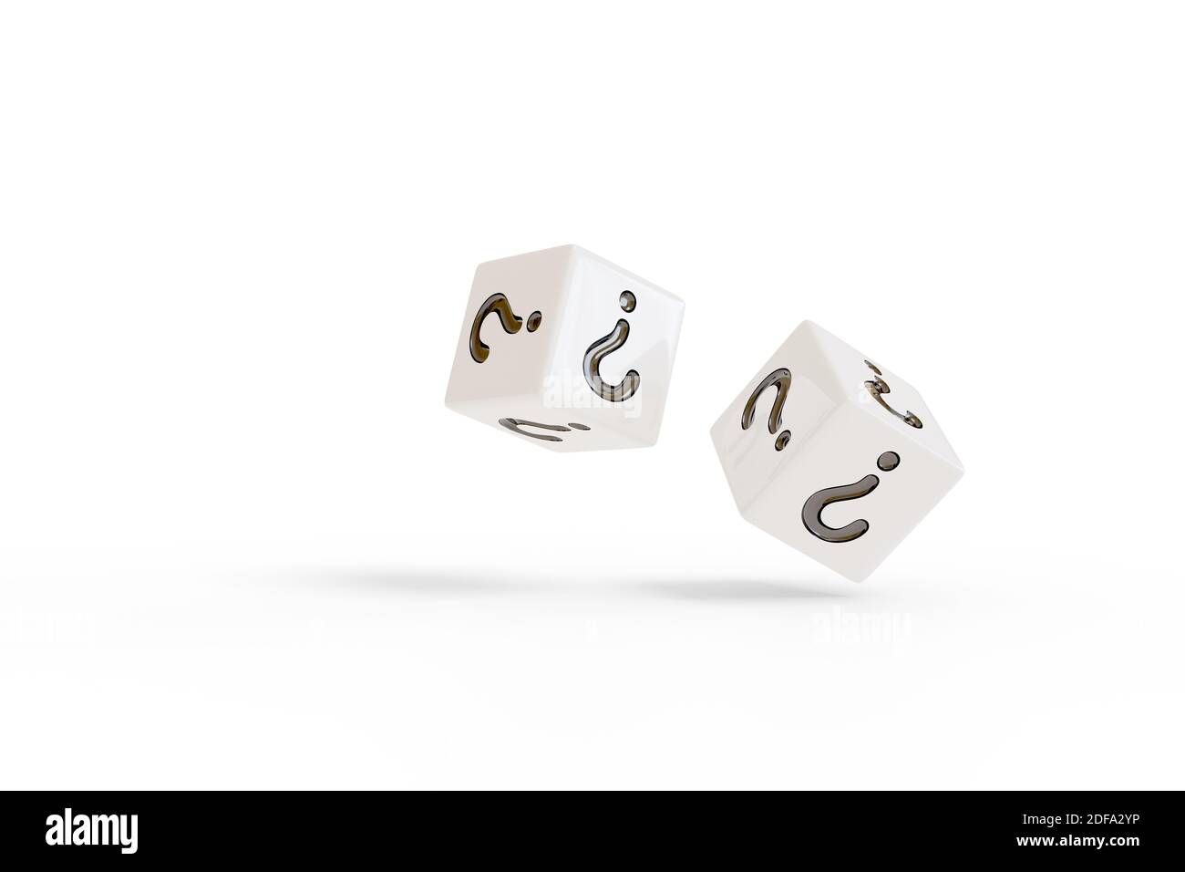 Two rolling white dice with question marks on their faces isolated on white background. Random concept. 3d illustration. Stock Photo