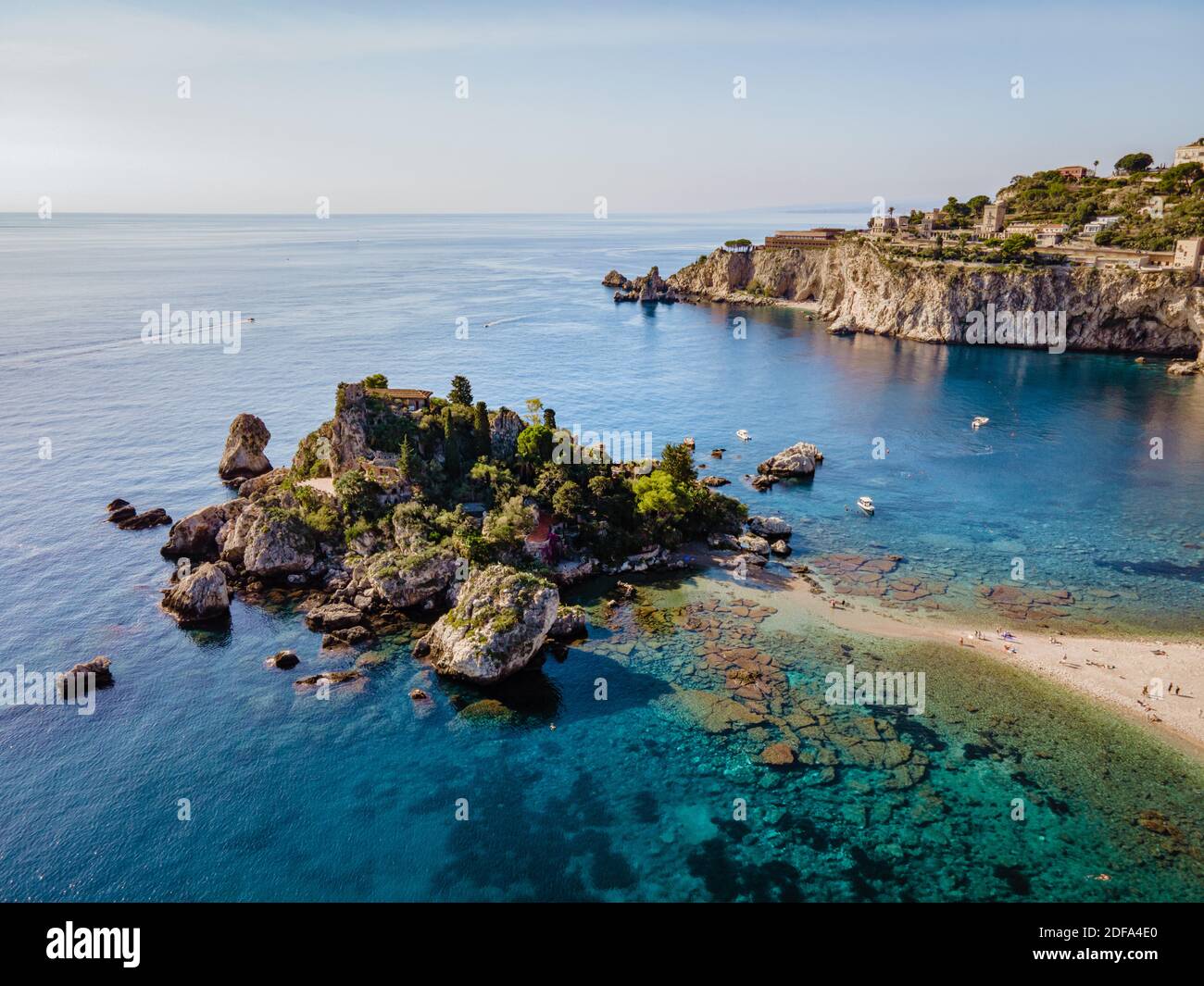 Isola Bella at Taormina, Sicily, Aerial view of the island and Isola Bella beach and blue ocean water in Taormina, Sicily, Italy Europe Stock Photo