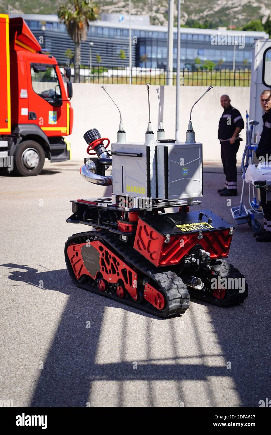 Presentation of "Marius", the new "Colossus" remote-controlled  fire-fighting robot manufactured by the French company Shark Robotic, in  Covid-19 configuration, during the visit of Genevieve Darrieusecq,  secretary of State to the Minister of