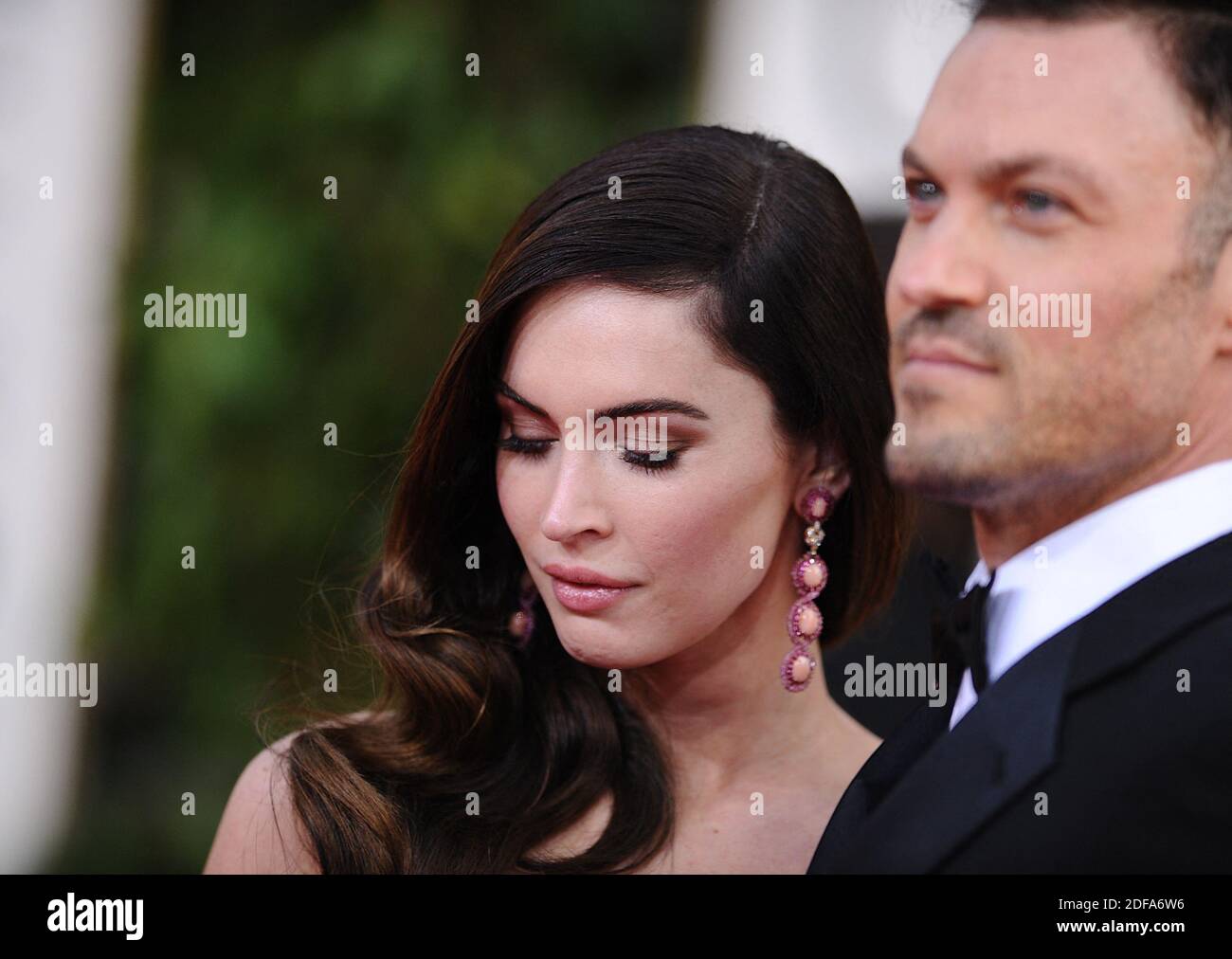 File phot dated January 13, 2013 of Megan Fox and Brian Austin Green arriving for the 70th Annual Golden Globe Awards Ceremony, held at the Beverly Hilton Hotel in Los Angeles, CA, USA. After nearly 10 years of marriage and three children together, Megan Fox and Brian Austin Green have split. The 'Beverly Hills, 90210' star confirmed the news on his podcast “…With Brian Austin Green,' in an episode titled “Context.” Photo by Lionel Hahn/ABACAPRESS.COM Stock Photo