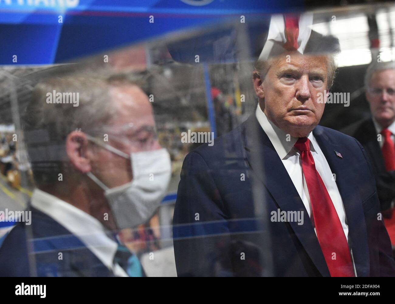 NO FILM, NO VIDEO, NO TV, NO DOCUMENTARY - Executive Chairman of Ford Motor Company Bill Ford Jr., left, and President Donald Trump during a tour of Ford Motor Co.'s Rawsonville Components Plant in Ypsilanti, MI, USA on Thursday, May 21, 2020. Trump says he wore a mask in a 'back area' during a factory tour in Michigan, but removed it before facing the cameras. He told reporters he took off the facial covering at the Ford car plant because he 'didn't want to give the press the pleasure of seeing it', and he was about to make a speech. Photo by Daniel Mears/The Detroit News/TNS/ABACAPRESS.COM Stock Photo