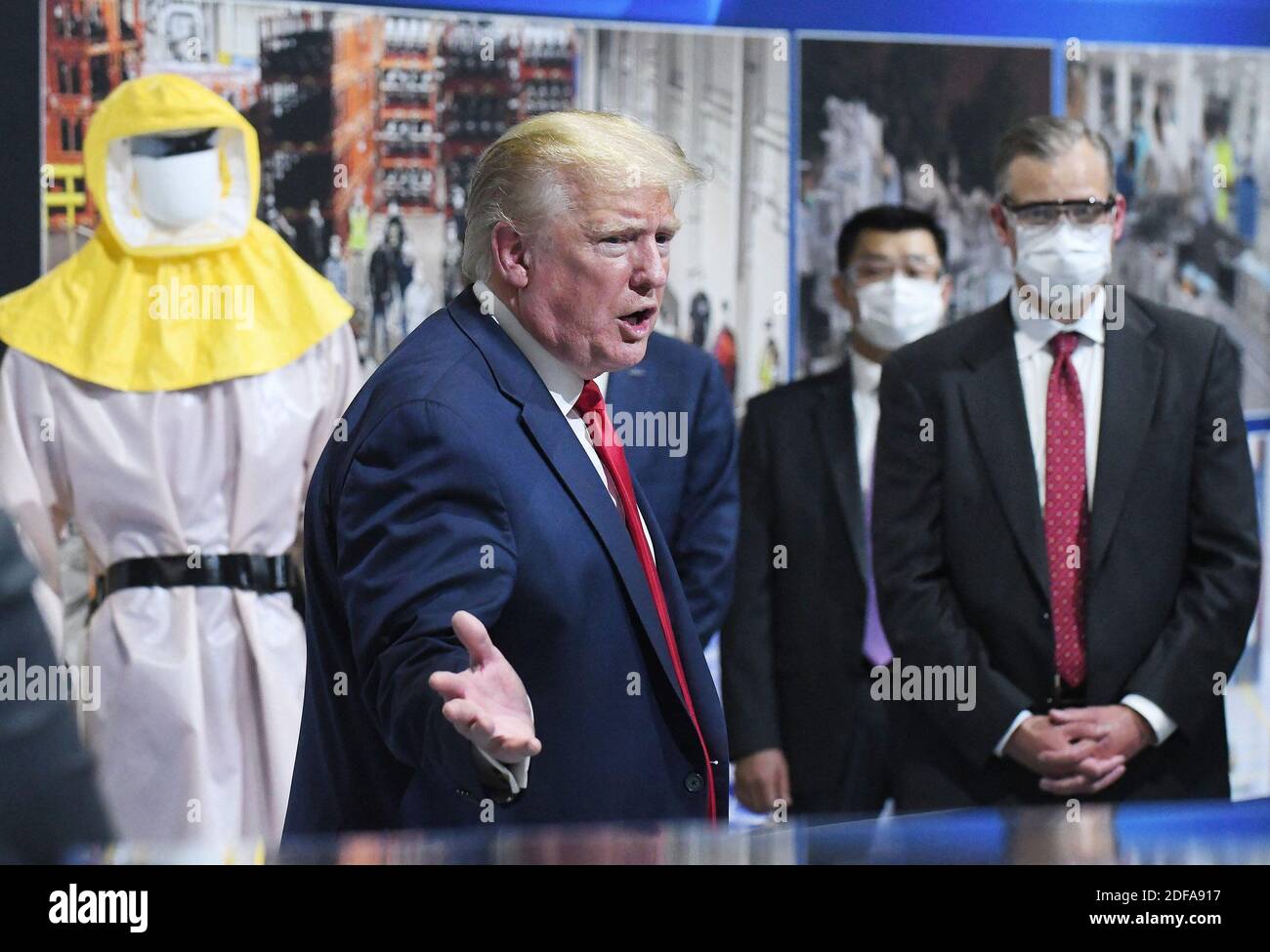 NO FILM, NO VIDEO, NO TV, NO DOCUMENTARY - President Donald Trump speaks during a visit to Ford Motor Co.'s Rawsonville Components Plant in Ypsilanti, MI, USA on Thursday, May 21, 2020. Trump says he wore a mask in a 'back area' during a factory tour in Michigan, but removed it before facing the cameras. He told reporters he took off the facial covering at the Ford car plant because he 'didn't want to give the press the pleasure of seeing it', and he was about to make a speech. Photo by Daniel Mears/The Detroit News/TNS/ABACAPRESS.COM Stock Photo