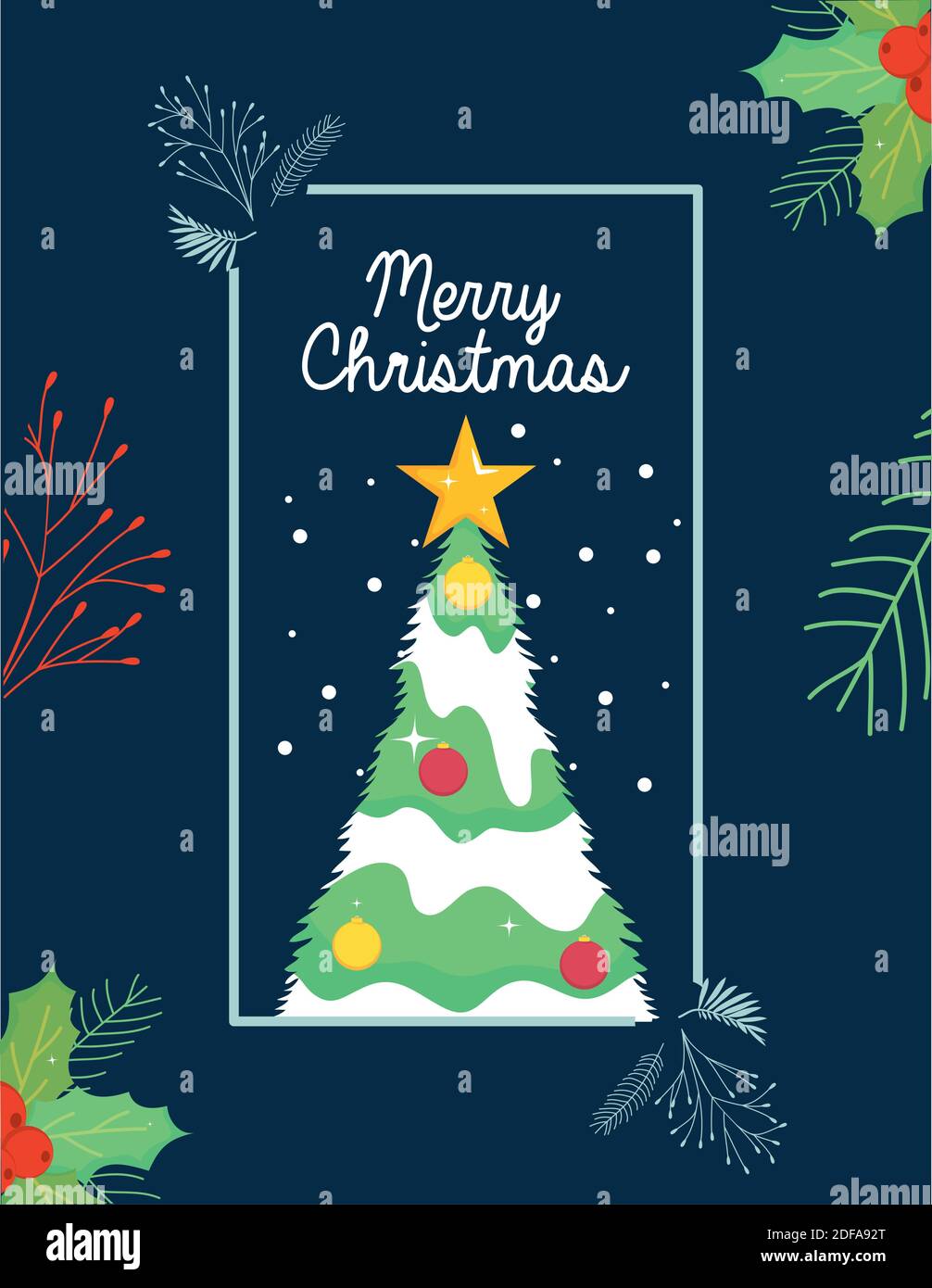 merry christmas pine tree with snow in frame design, winter season and ...