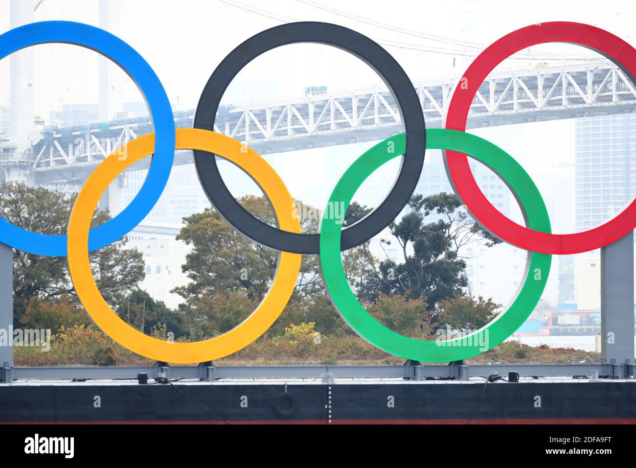 The giant Olympic rings are displayed at the Odaiba in Tokyo Japan on December 3, 2020. The Olympic Symbol was reinstalled after maintenance ahead of the postponed Tokyo 2020 Olympic Games. Credit: Naoki Nishimura/AFLO SPORT/Alamy Live News Stock Photo