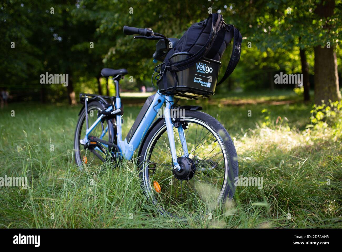 Illustration of Veligo, the electric bike service of the region Ile de  France at the bois de vincennes park in Paris, on May 24, 2020. The park  has been reopen after the