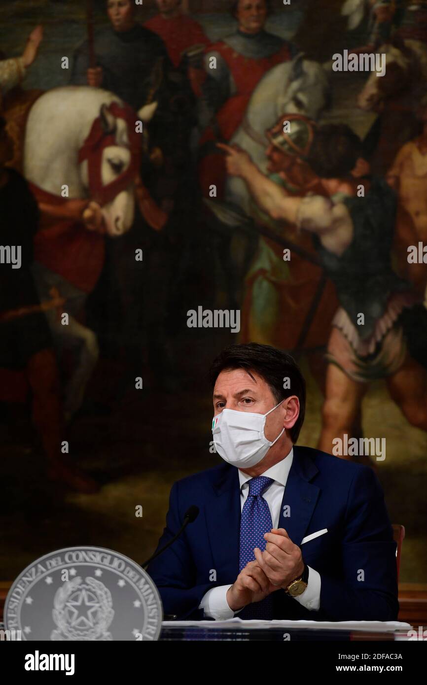 (201203) -- ROME, Dec. 3, 2020 (Xinhua) -- Italian Prime Minister Giuseppe Conte speaks at a press conference in Rome, Italy, on Dec. 3, 2020. No travels between regions for Christmas and a national curfew on New Year's Eve are among the new rules imposed in Italy ahead of the forthcoming holidays. (Pool via Xinhua) Stock Photo