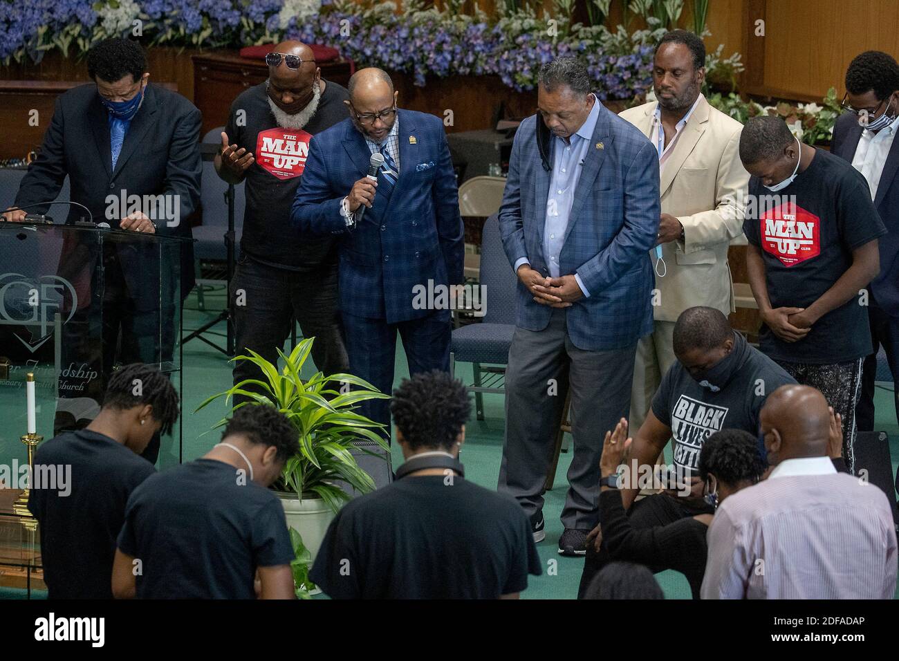NO FILM, NO VIDEO, NO TV, NO DOCUMENTARY - The Rev. Jesse L. Jackson, center, is surrounded by faith leaders as they stand in prayer after Jackson spoke to send a message of solidarity and demand justice following the death of George Floyd, at Greater Friendship Missionary Baptist Church, Thursday, May 28, 2020, in Minneapolis. Photo by Elizabeth Flores/Minneapolis Star Tribune/TNS/ABACAPRESS.COM Stock Photo