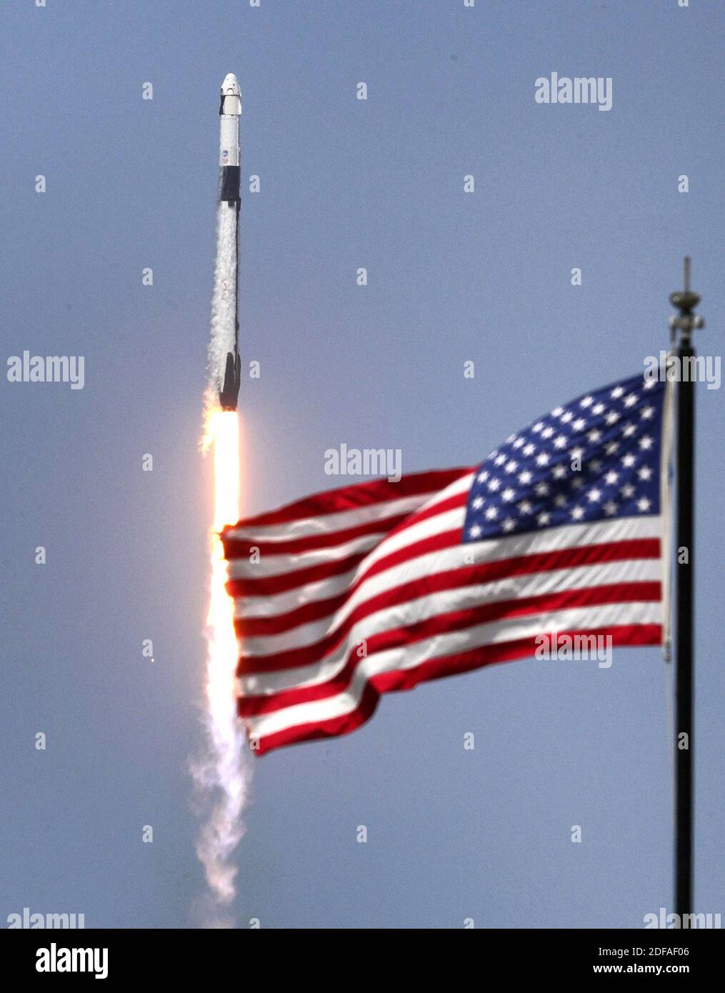 NO FILM, NO VIDEO, NO TV, NO DOCUMENTARY - The SpaceX Falcon 9 rocket, carrying astronauts Doug Hurley and Bob Behnken in the Crew Dragon capsule, lifts off from Kennedy Space Center, FL, USA, on Saturday, May 30, 2020. The SpaceX Demo-2 mission is the first crewed launch of an orbital spaceflight from the U.S. in nearly a decade. Photo by Joe Burbank/Orlando Sentinel/TNS/ABACAPRESS.COM Stock Photo