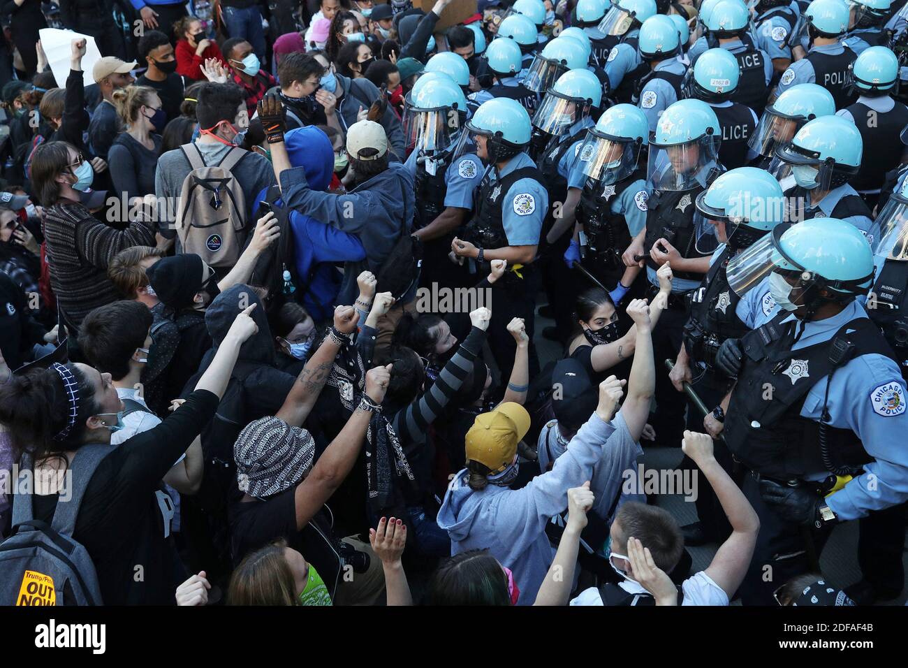 NO FILM, NO VIDEO, NO TV, NO DOCUMENTARY - Police officers guarding the Trump International Hotel & Tower hold back protesters during a rally and march to remember the May 25 killing of George Floyd by a Minneapolis police officer, in the Loop Saturday, May 30, 2020, in Chicago, IL, USA. Photo by John J. Kim/Chicago Tribune/TNS/ABACAPRESS.COM Stock Photo