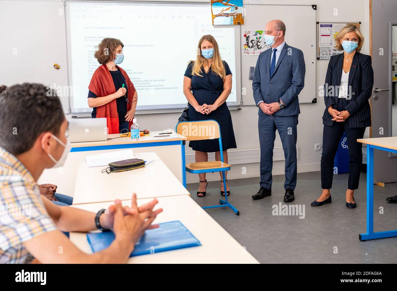 L-R : French Member of Parliament Nadia Hai, Education Minister Jean-Michel  Blanquer, president of the Ile de France region Valerie Pecresse visit  professional secondary school Jean Perrin in Saint-Cyr-l'Ecole, west of  Paris,