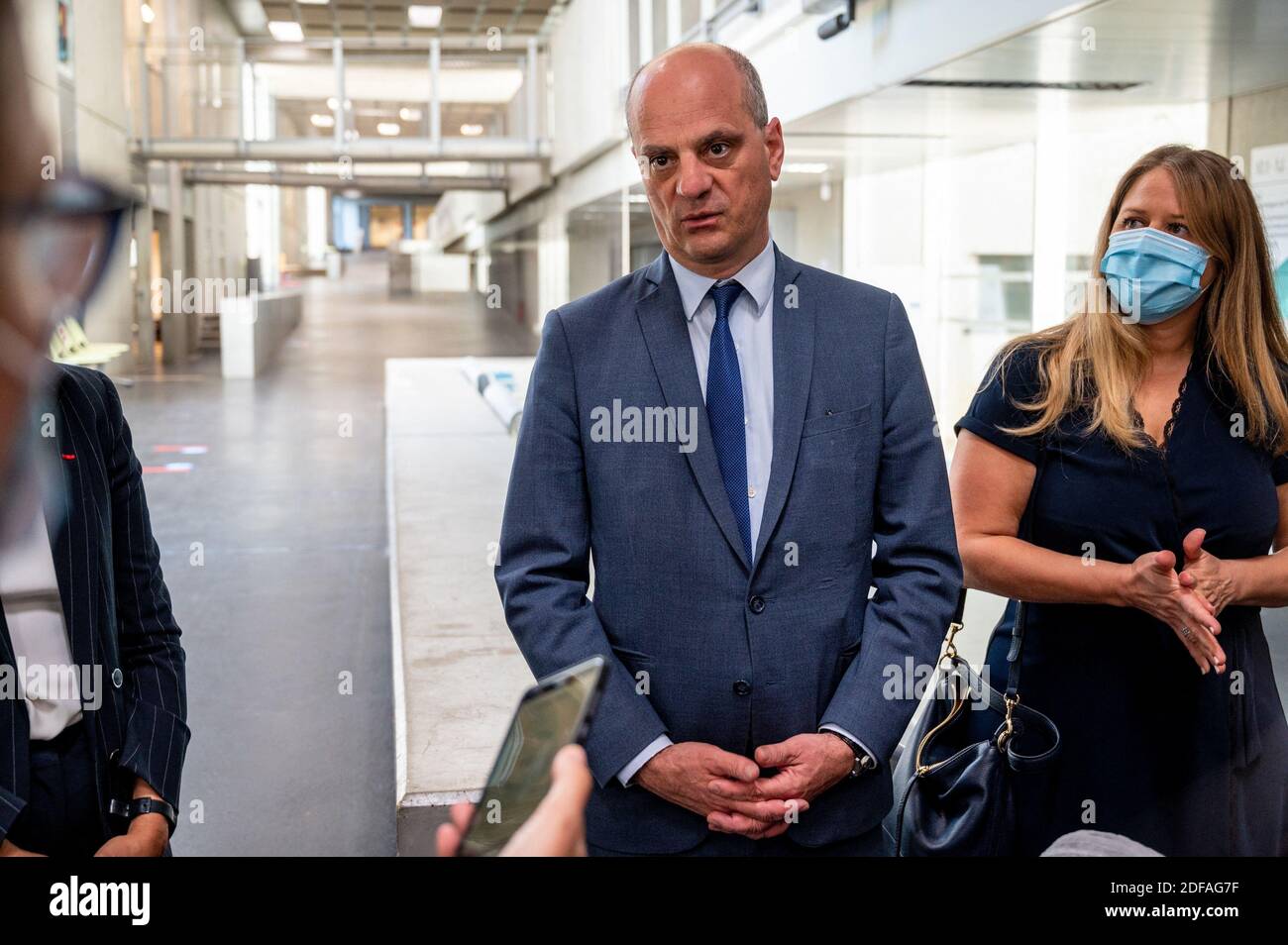 L-R : French Education Minister Jean-Michel Blanquer and Member of  Parliament Nadia Hai visit professional secondary school Jean Perrin in  Saint-Cyr-l'Ecole, west of Paris, France on June 2, 2020, as all schools