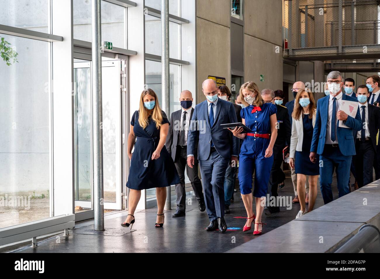 L-R : Member of Parliament Nadia Hai, Education Minister Jean-Michel  Blanquer, Dean of Yvelines Charline Avenel visit professional secondary  school Jean Perrin in Saint-Cyr-l'Ecole, west of Paris, France on June 2,  2020,