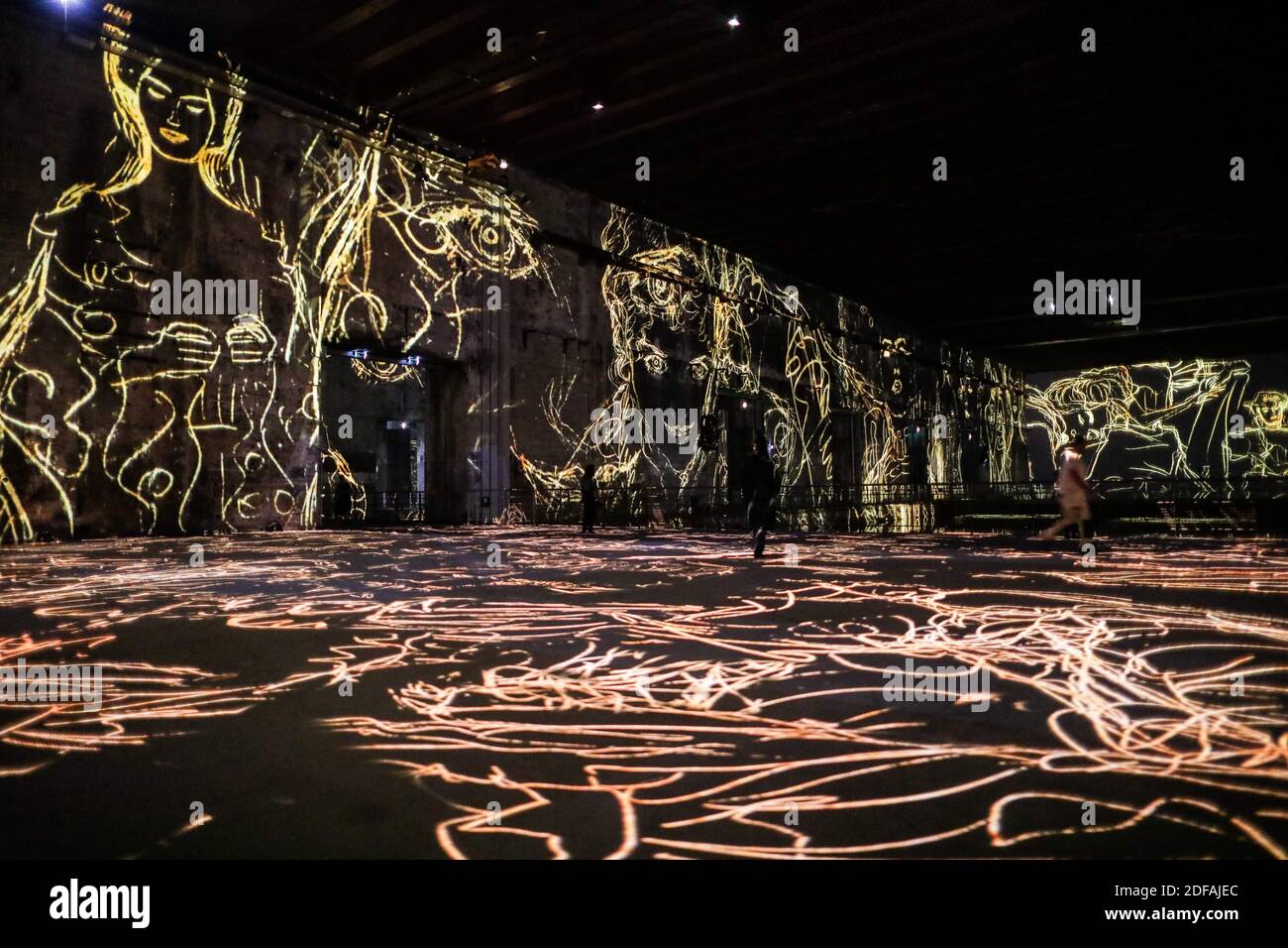 Works by Austrian artist Gustav Klimt are projected on June 4, 2020 in Bordeaux at the 'Bassins de Lumieres' digital art center as part of one of the center's opening exhibitions entitled 'Gustav Klimt: gold and colour'. Located in BordeauxâÂ€Â™s former submarine base, the Bassins de Lumières will present monumental immersive digital exhibitions devoted to the major artists in the history of art and contemporary art. Photo by Thibaud Moritz/ABACAPRESS.COM Stock Photo