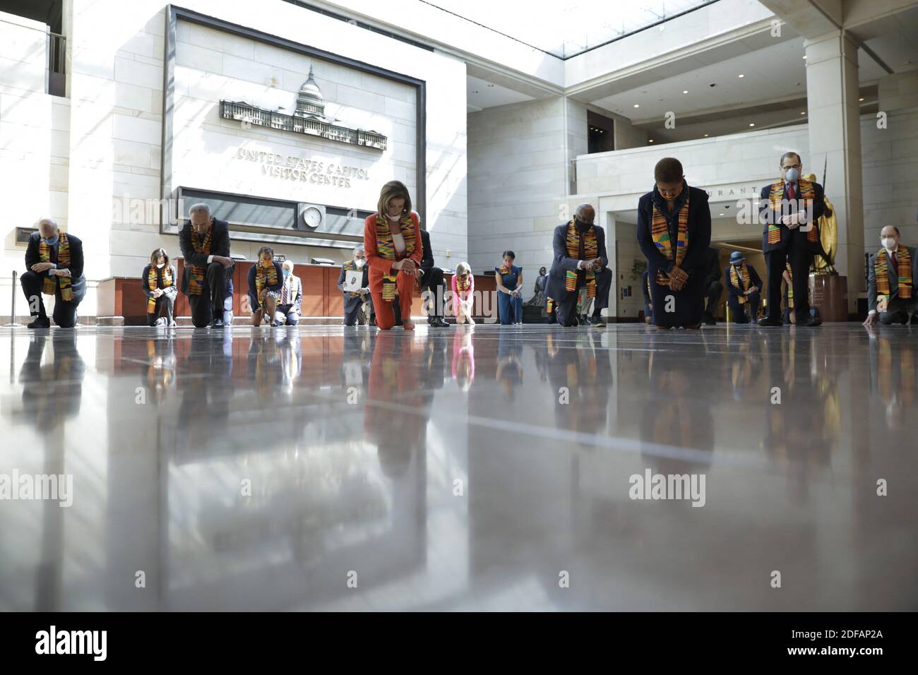 U.S. House Speaker Nancy Pelosi (D-CA) and Congressional Democrats observe moment of silence for 8 minutes and 46 seconds to honor George Floyd, Breonna Taylor, Ahmaud Arbery and others, on Capitol Hill in Washington on June 8, 2020. Photo by Yuri Gripas/ABACAPRESS.COM Stock Photo