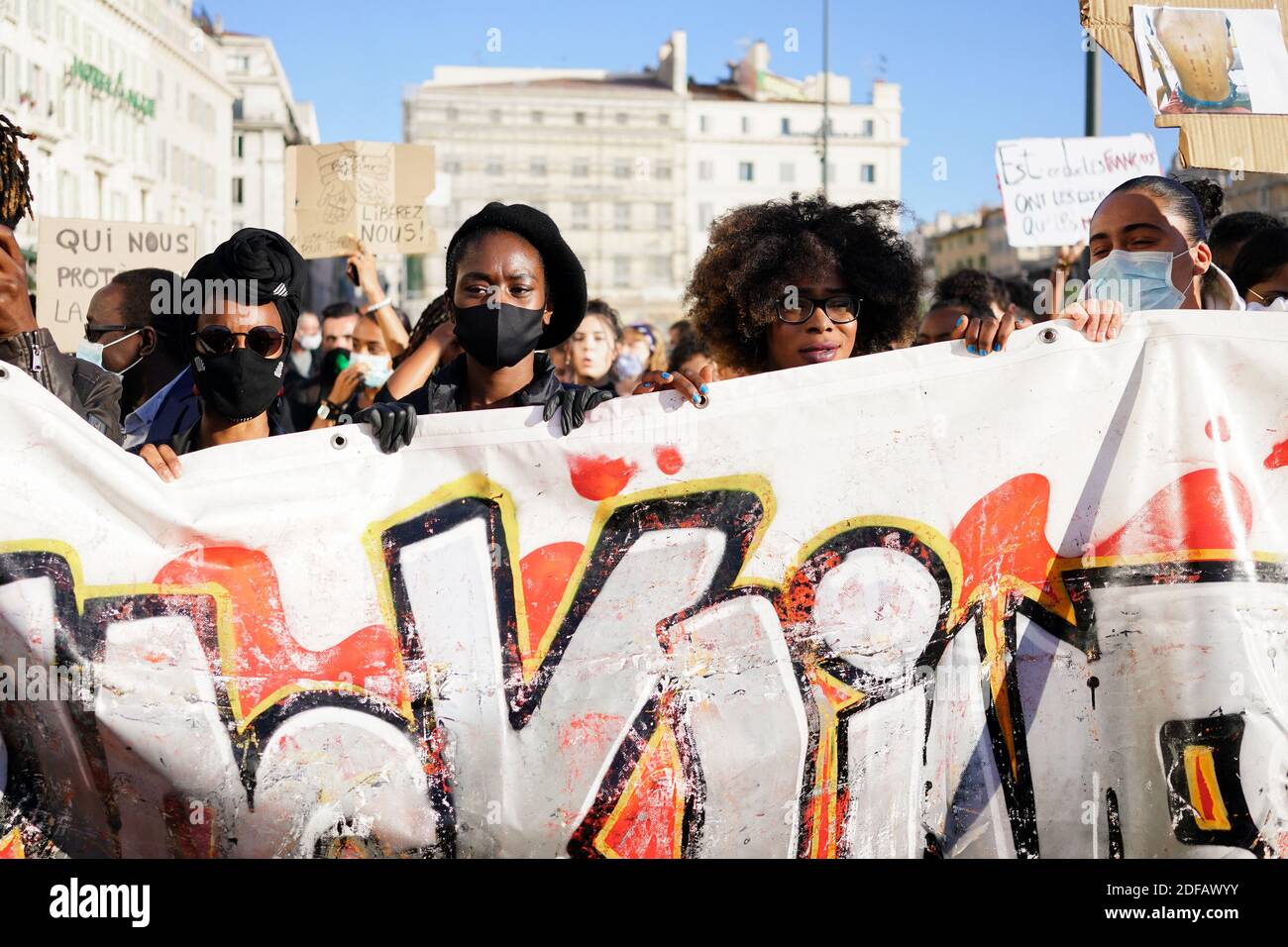 Hawa Traore, twin sister of Adama Taore, during the protest on the Vieux Port and the streets of Marseille against racism and police violence at the call of the Justice Committee for Adama Traore as part of the 'Black Lives Matter' world protests. The protest banned by the police brought together more than two thousand peoples in Marseille, France, on 13 June 2020. Photo by Julien Poupart/ABACAPRESS.COM Stock Photo