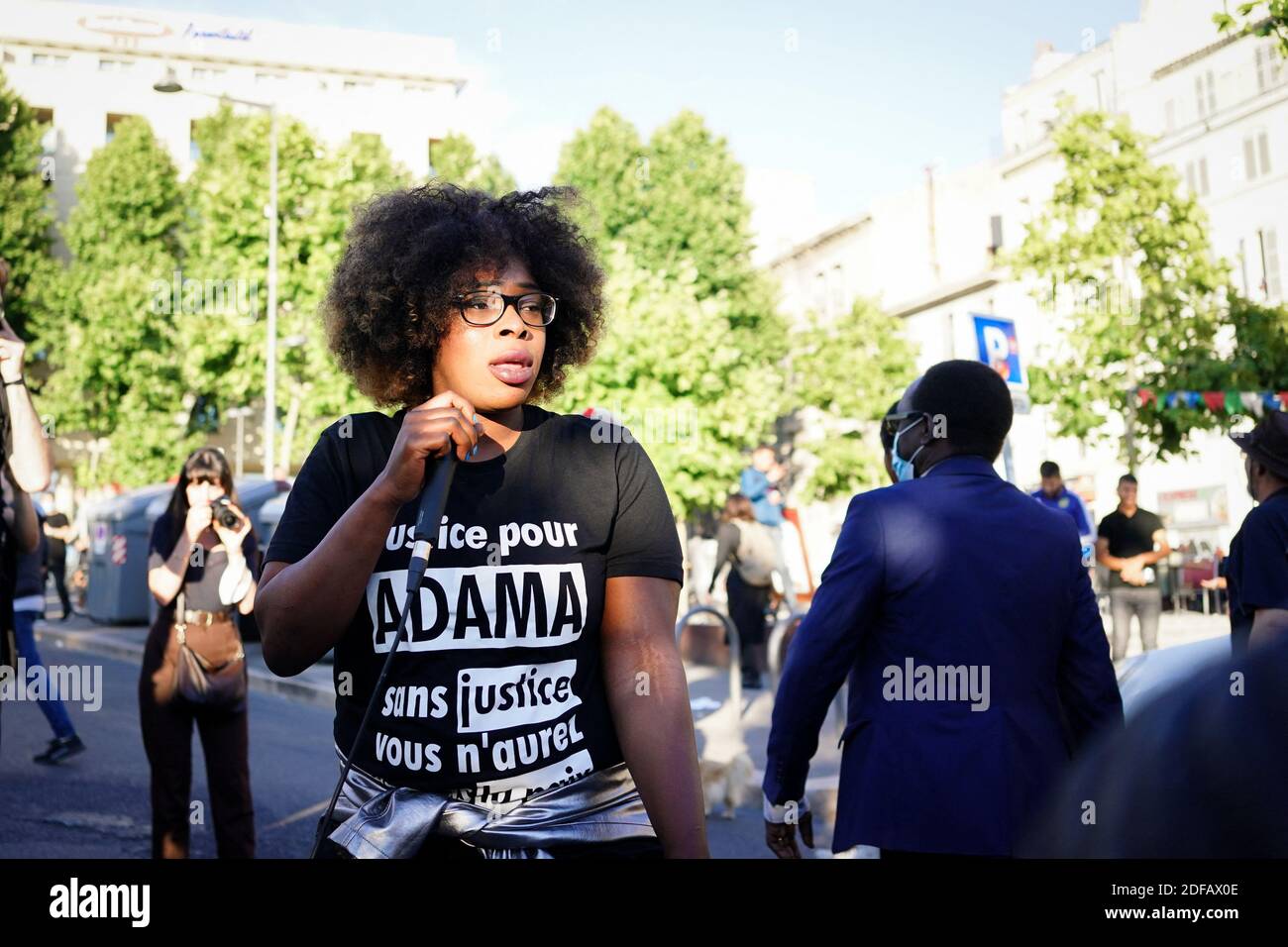 Hawa Traore, twin sister of Adama Taore, during the protest on the Vieux  Port and the streets of Marseille against racism and police violence at the  call of the Justice Committee for
