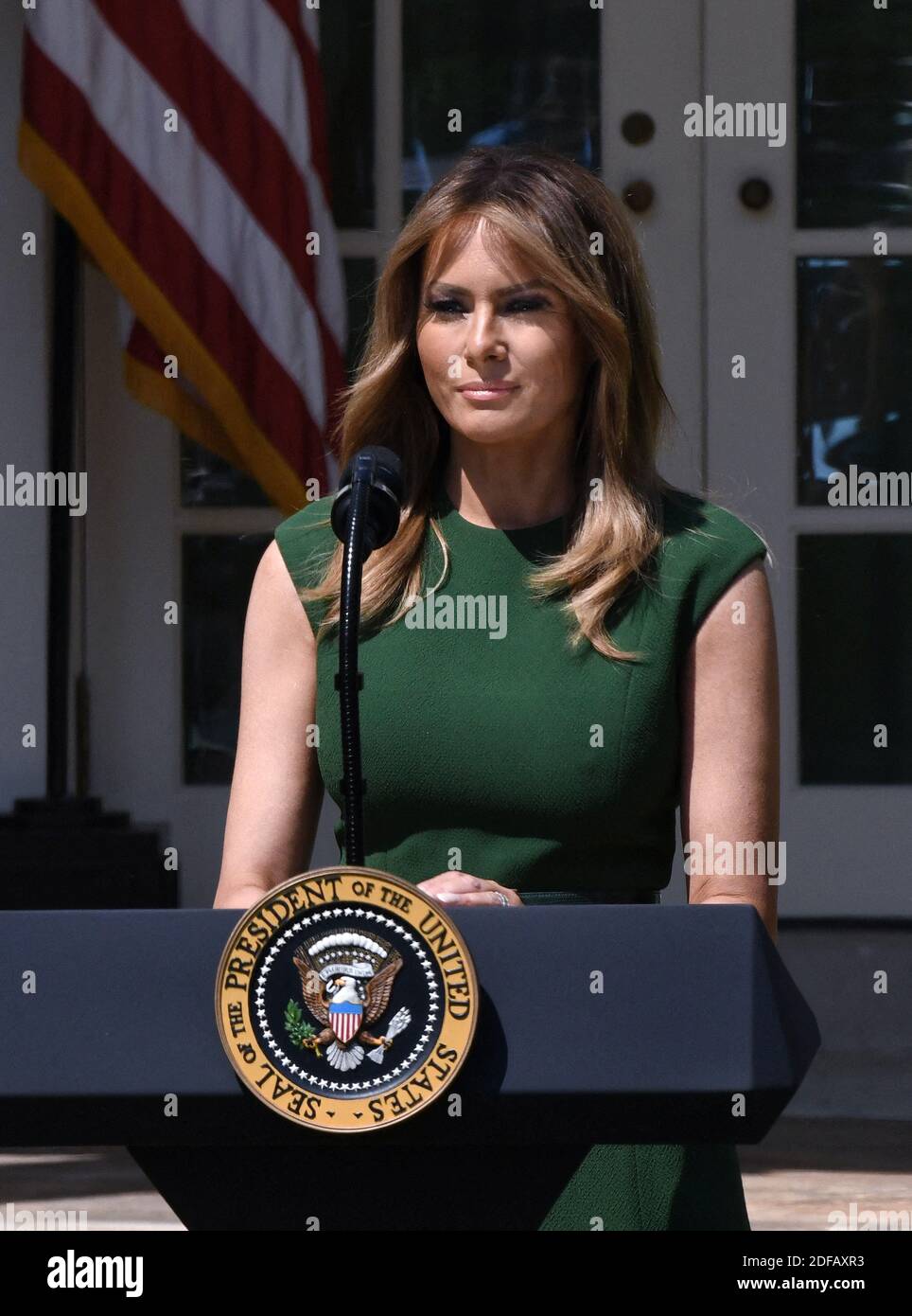 File photo - First lady Melania Trump speaks during the National Day of Prayer Service in the Rose Garden at the White House May 2, 2019 in Washington, DC. A new, scrupulously reported biography by Washington Post reporter Mary Jordan argues that the first lady is not a pawn but a player, an accessory in the second as much as the first sense, and a woman able to get what she wants from one of the most powerful and transparently vain men in the world. The book is called The Art of Her Deal. Photo by Olivier Douliery/ABACAPRESS.COM Stock Photo