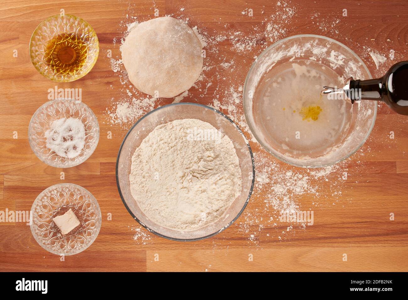 Making italian pizza step by step with ingredients for hand made dough