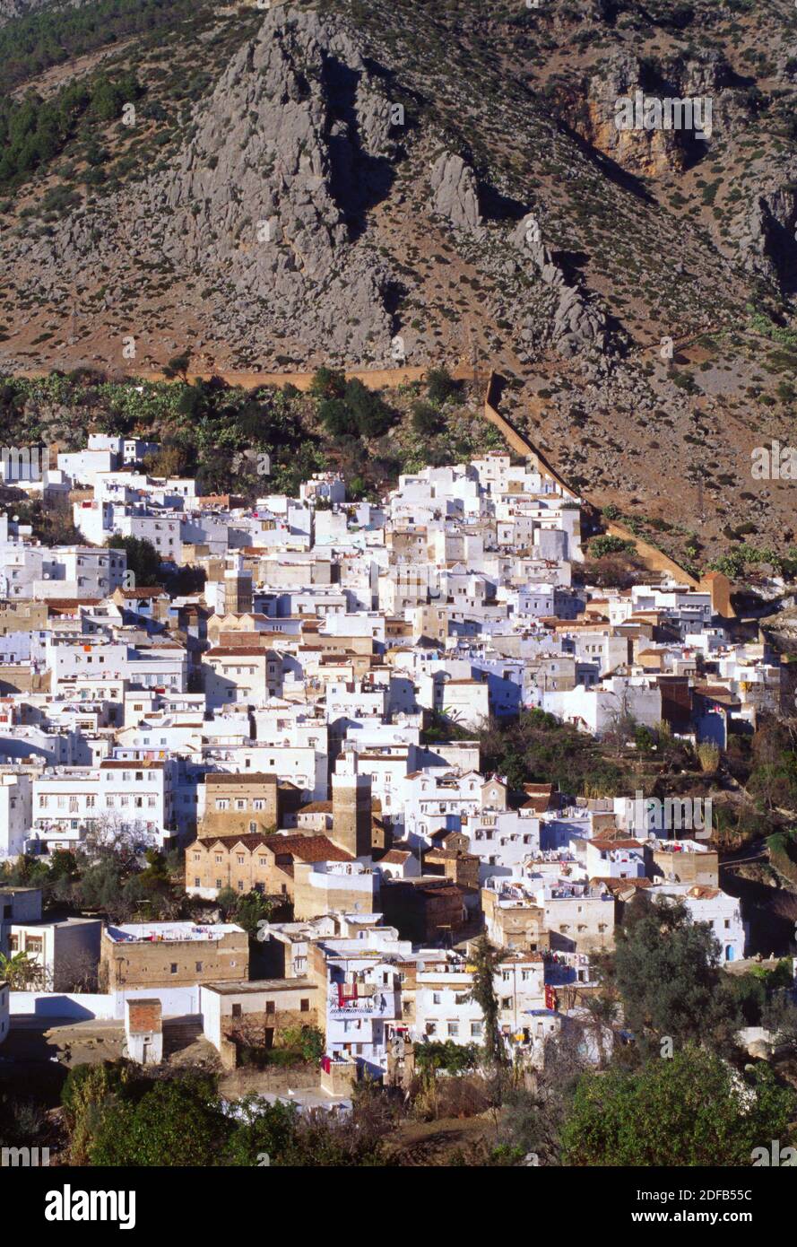 The beautiful white washed town of CHECHAOUEN is located in the RIF MOUNTAINS of northern MOROCCO Stock Photo