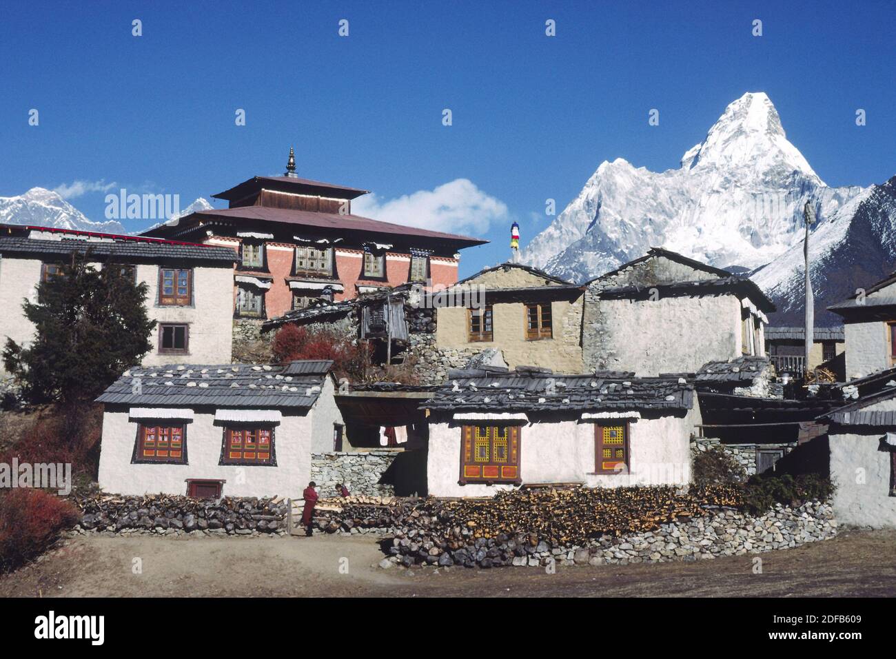 Thyangboche Monastery is the Sherpa's main religeous & cultural center - This structure burned in 1989 & is being rebuilt - Khumbu District, NEPAL Stock Photo