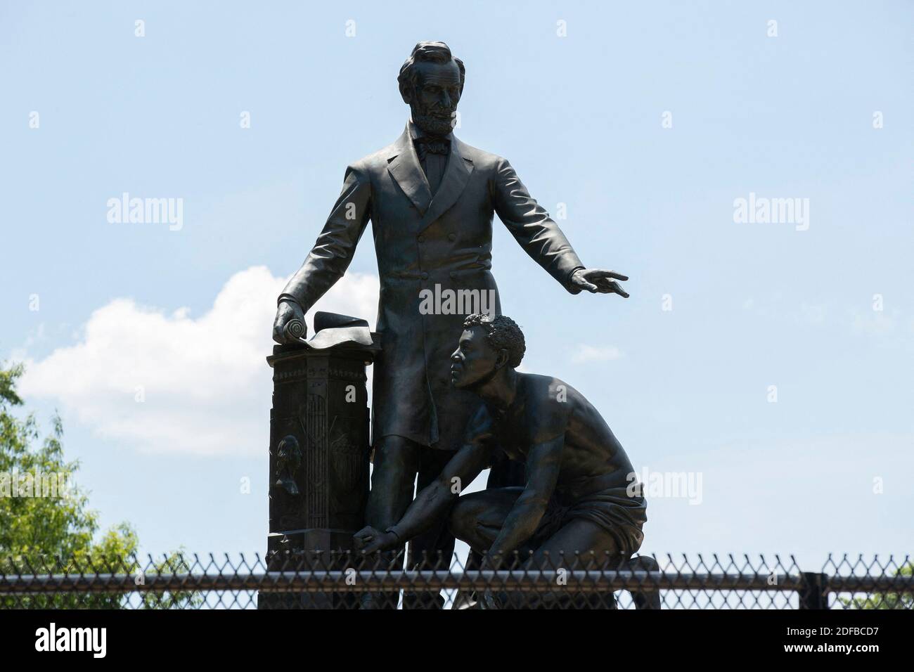 The Emancipation Memorial is seen behind additional fencing at Lincoln Park in Washington, DC, USA on Monday, June 29, 2020. Many demonstrators have called for the removal of the statue in recent weeks. Photo by Stefani Reynolds/CNP/ABACAPRESS.COM Stock Photo