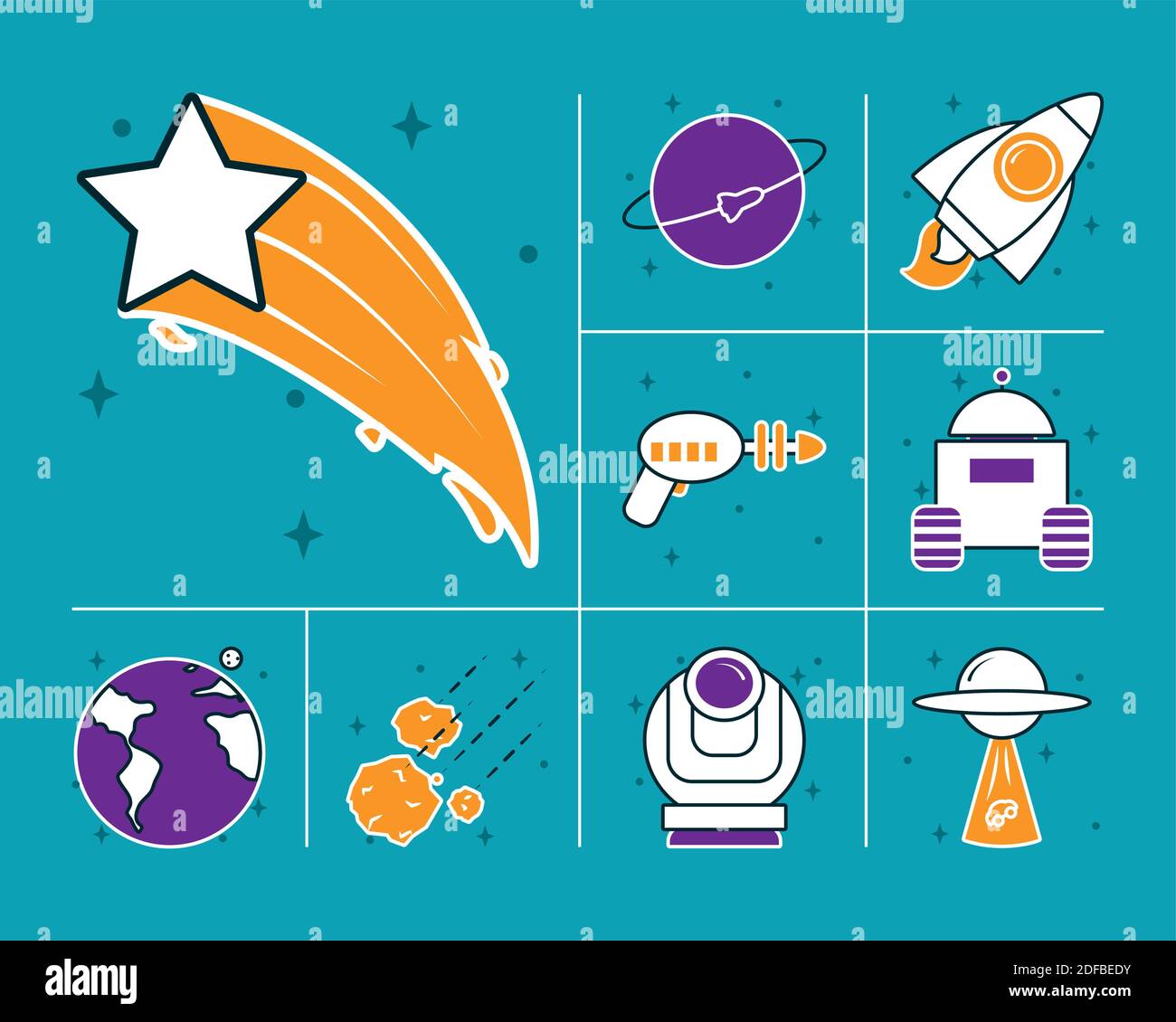 shooting star and space icons set over blue background, half line half color style, vector illustration Stock Vector