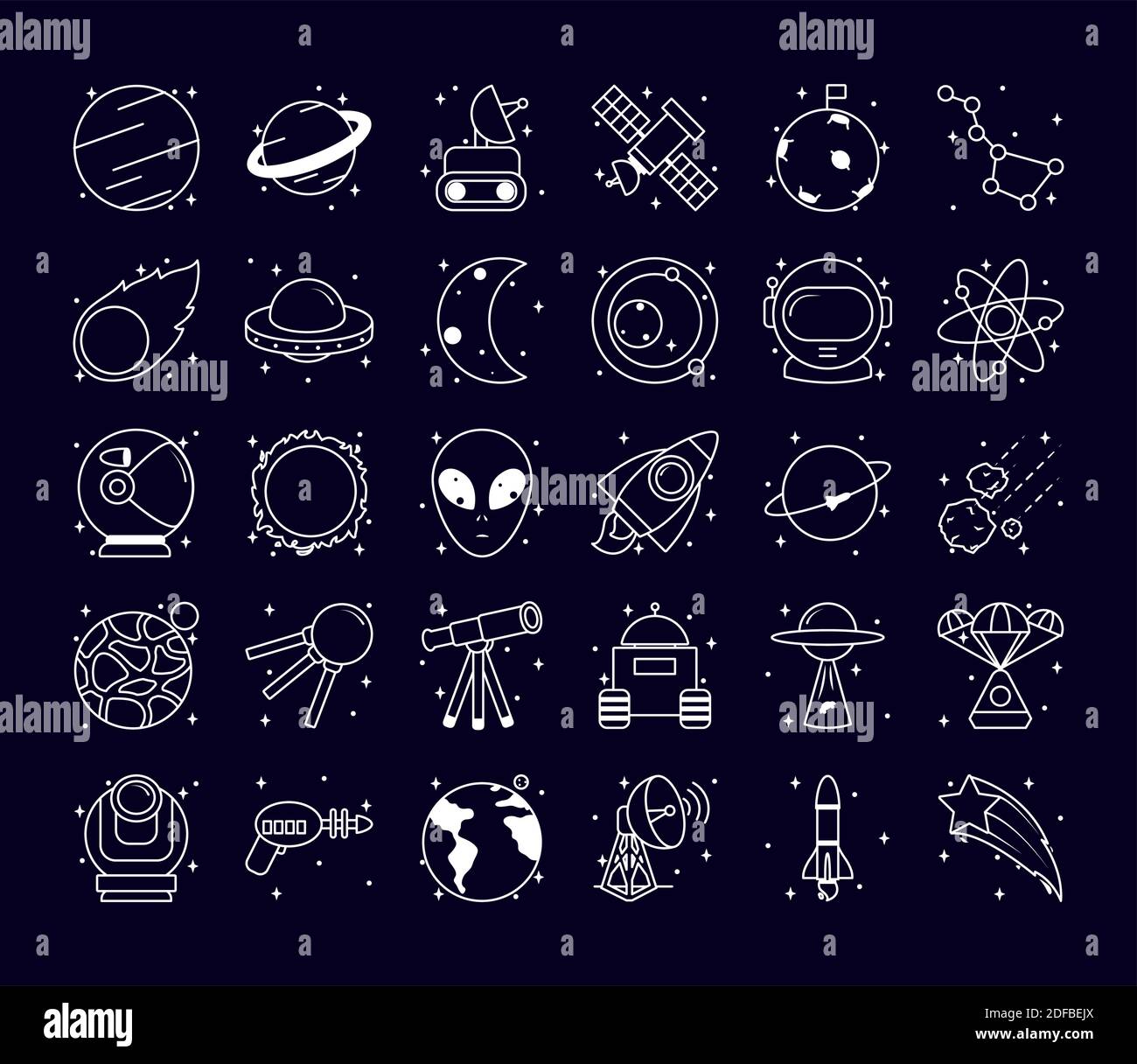 space icon set over black background, line style, vector illustration Stock Vector