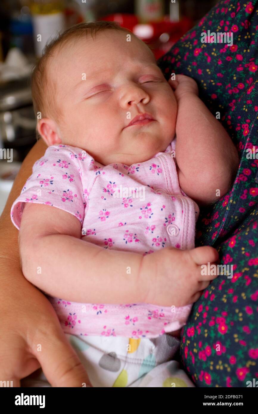 Beautiful newborn baby girl on woman's (mother's or grandmother's) hands Stock Photo
