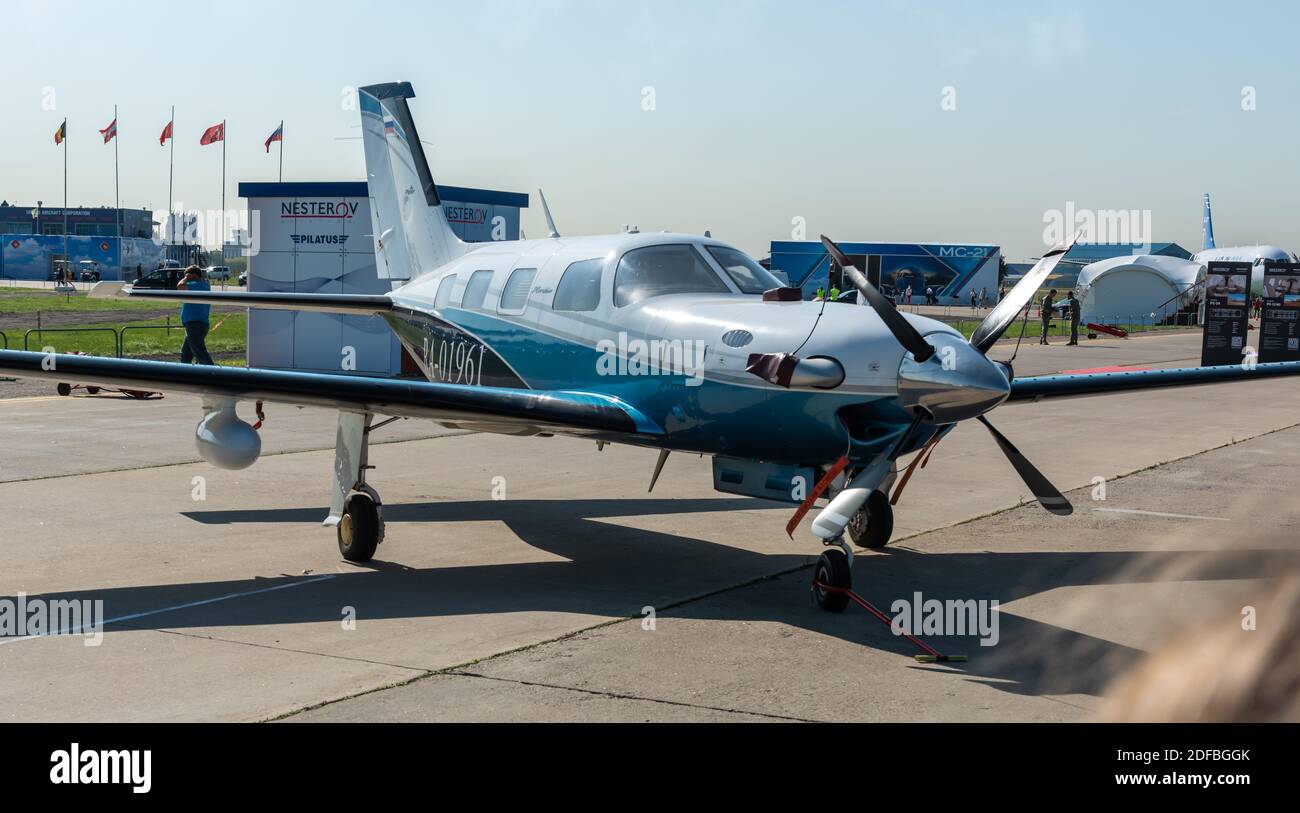 August 30, 2019, Moscow region, Russia.  Piper PA-46 Meridian light single-engine aircraft at the International aviation and space salon. Stock Photo