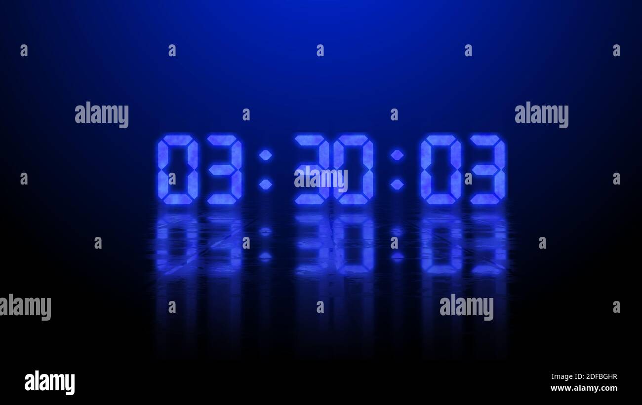 Digital countdown timer or clock of led electronic digits and reflection of digits on surface, 3d render Stock Photo