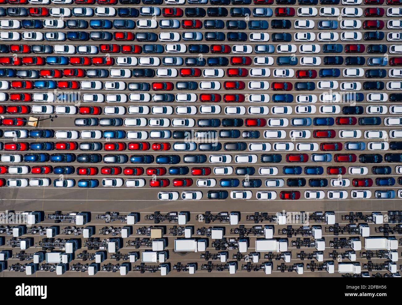 Aerial top down photo of new cars and trucks at a shipping port in Australia Stock Photo