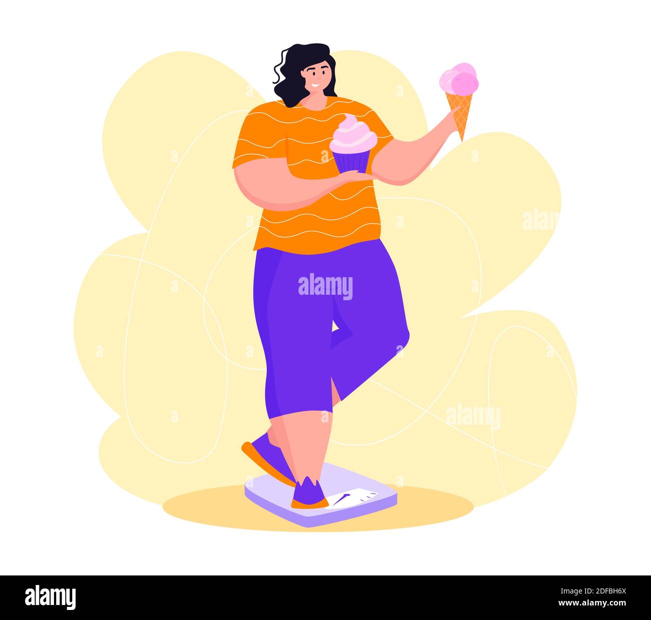 A young obese woman eating sweet junk food. A girl get on the scales to get rid of belly fat. Obesity. Stock Vector
