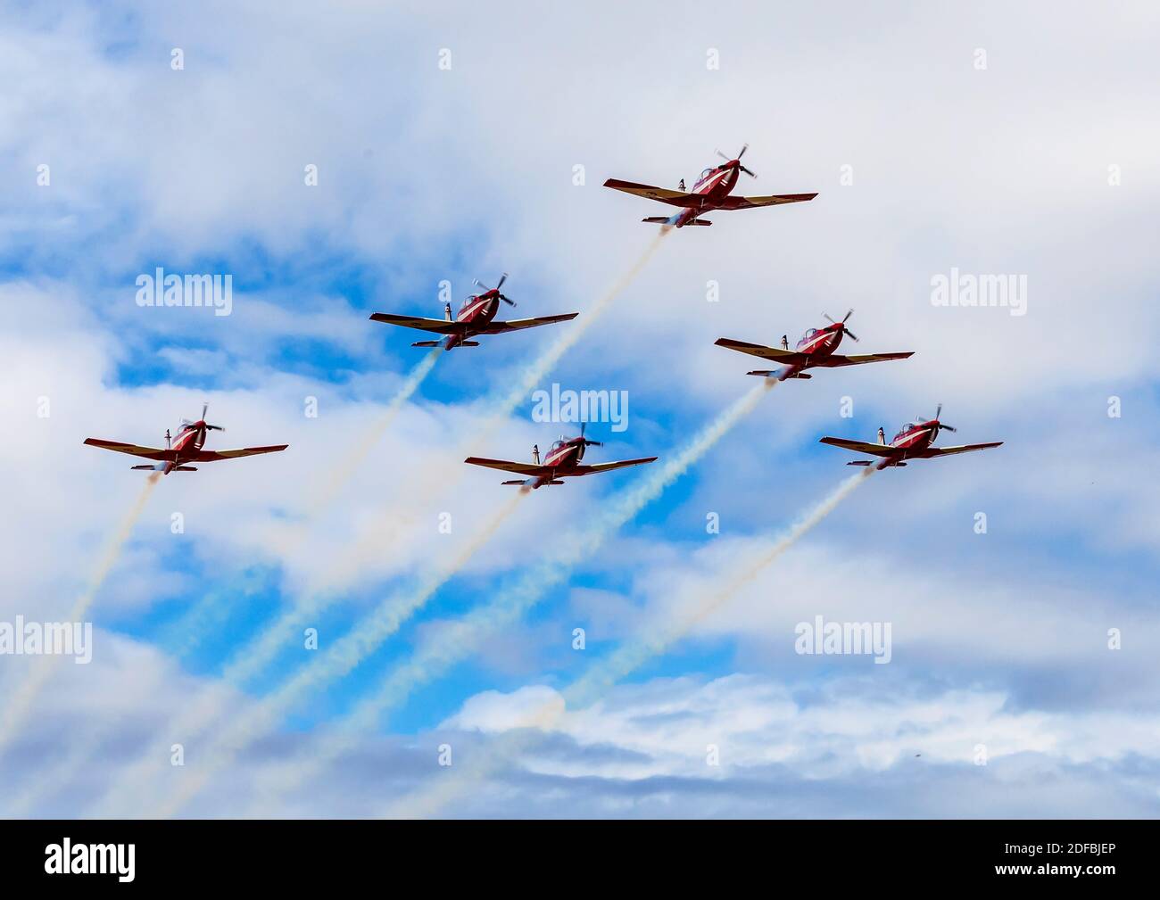 RAAF Roulettes Pilatus PC-9 aircraft in formation perform at Temora Warbirds Downunder Air Show for the last time before being replaced by new model Stock Photo