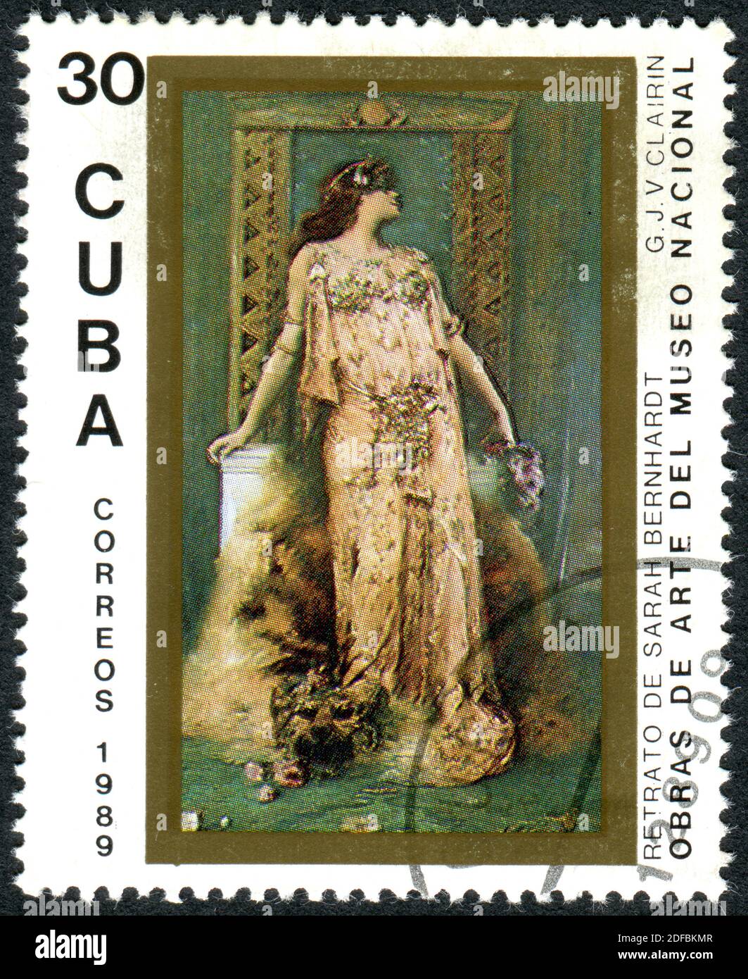 CUBA - CIRCA 1982: A stamp printed in Cuba, shown the painting of 'Portrait of Sarah Bernhardt', by artist Georges Jules Victor Clairin, circa 1982 Stock Photo