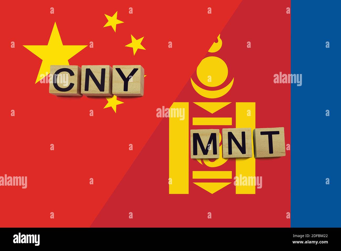 China and Mongolia currencies codes on national flags background. International money transfer concept Stock Photo