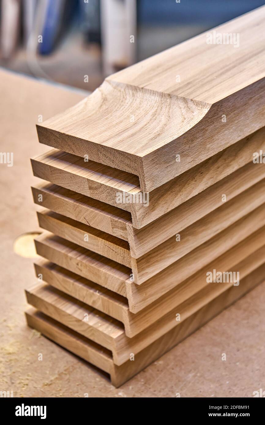 Solid oak joinery product. Oak plinth block close-up Stock Photo