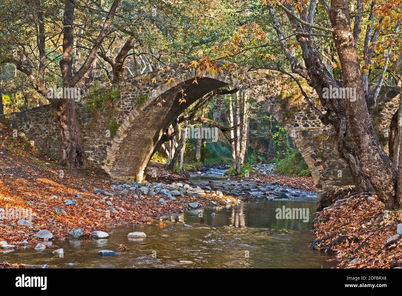 Kelefos the Medieval Venetian stone Bridge in the Troodos Mountains of Cyprus in Autumn Stock Photo