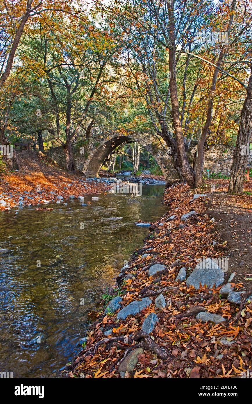 Kelefos the Medieval Venetian stone Bridge in the Troodos Mountains of Cyprus in Autumn Stock Photo