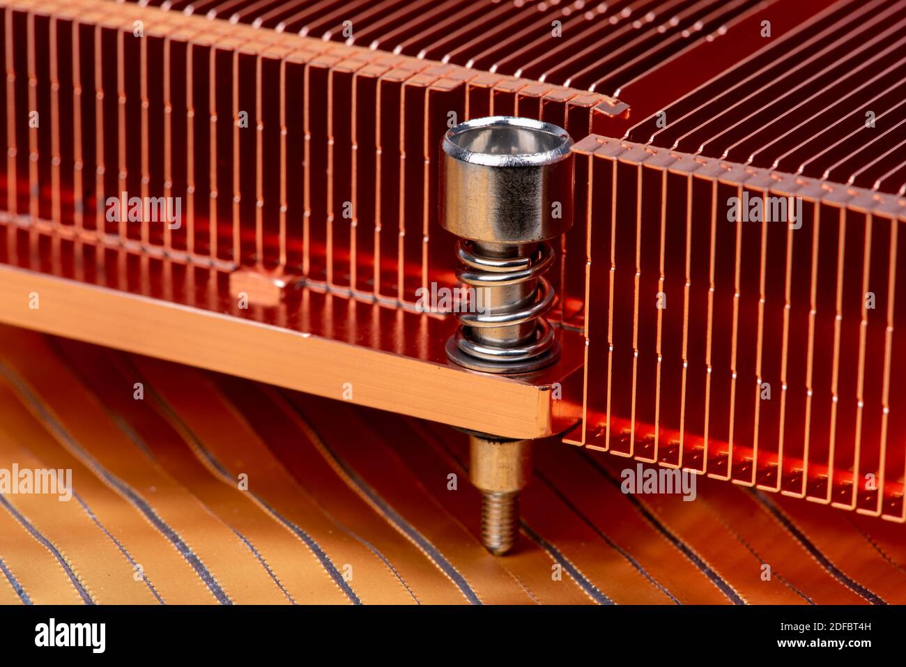 Detail of passive copper heat sinks used to cool electronics components Stock Photo