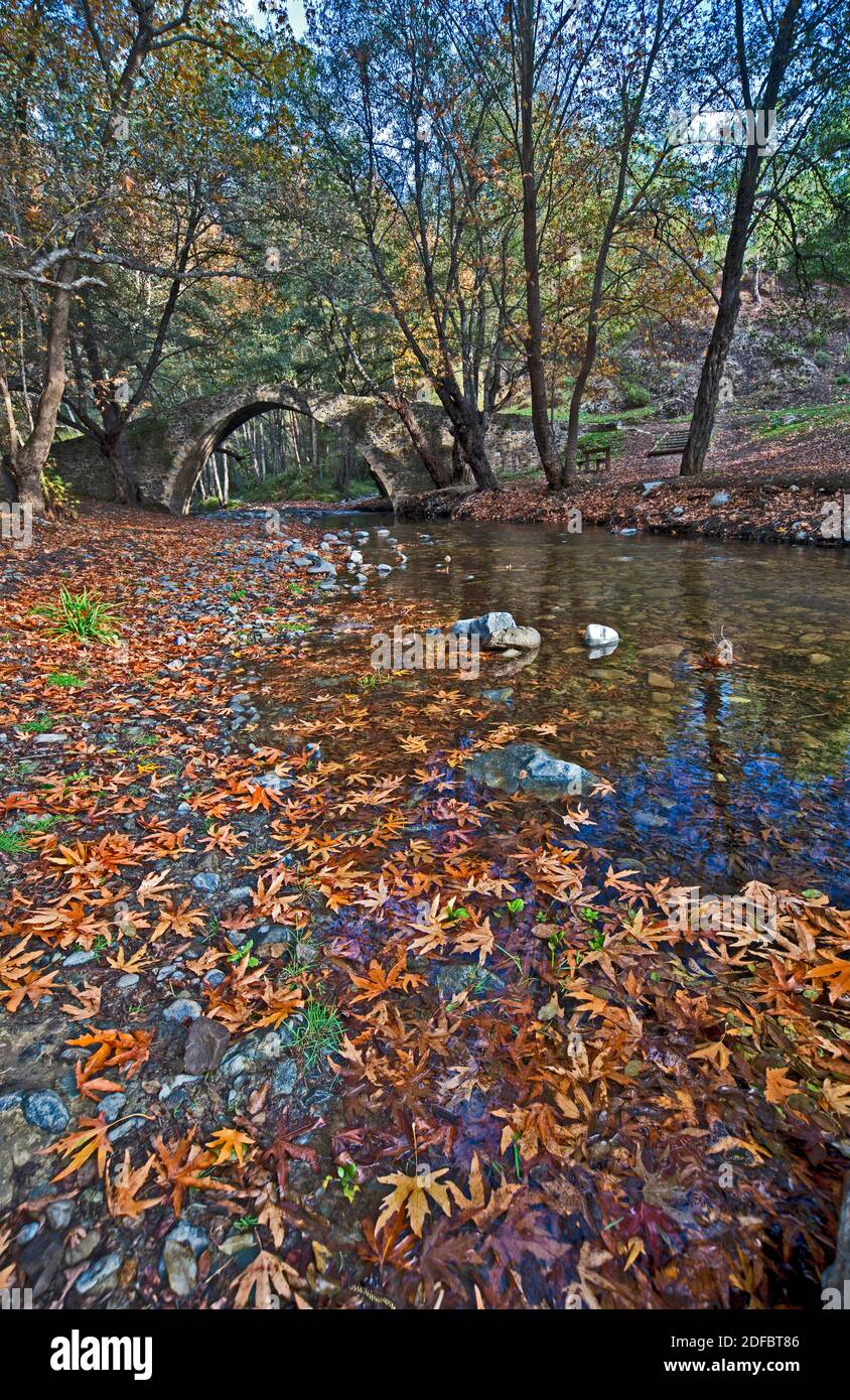 Kelefos the Medieval Venetian stone Bridge in the Troodos Mountains of Cyprus in Autumn Stock Photo