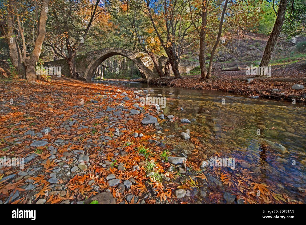 Kelefos the Medieval Venetian stone Bridge in the Troodos Mountains of Cyprus in Autumn Stock Photo