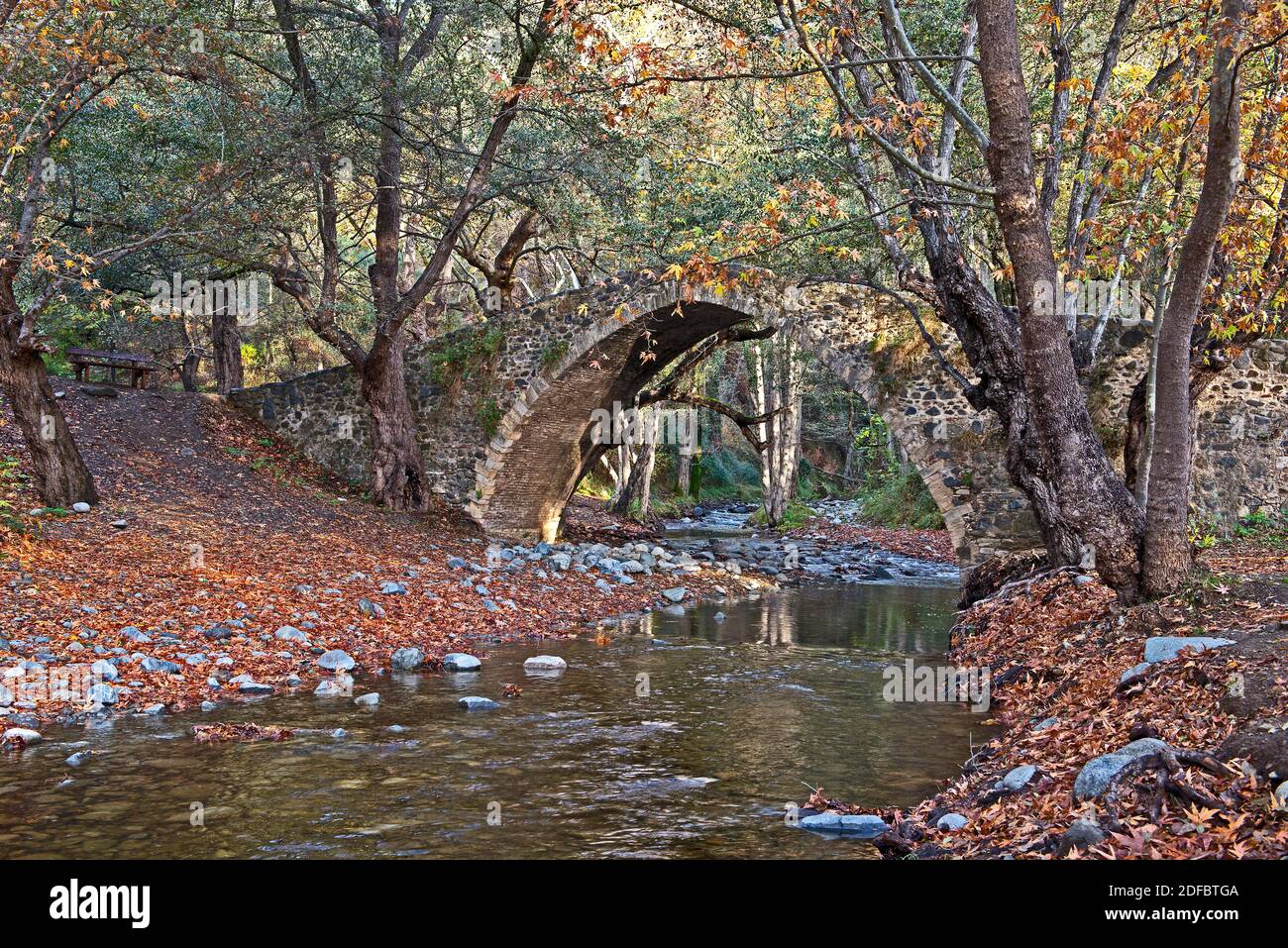 Kelefos the Medieval Venetian stone Bridge in the Troodos Mountains of Cyprus in Autumn Stock Photo