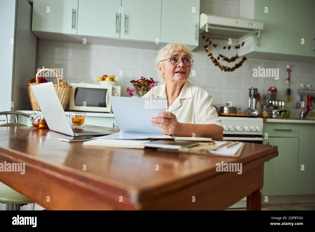 Nice old woman using modern laptop at home Stock Photo