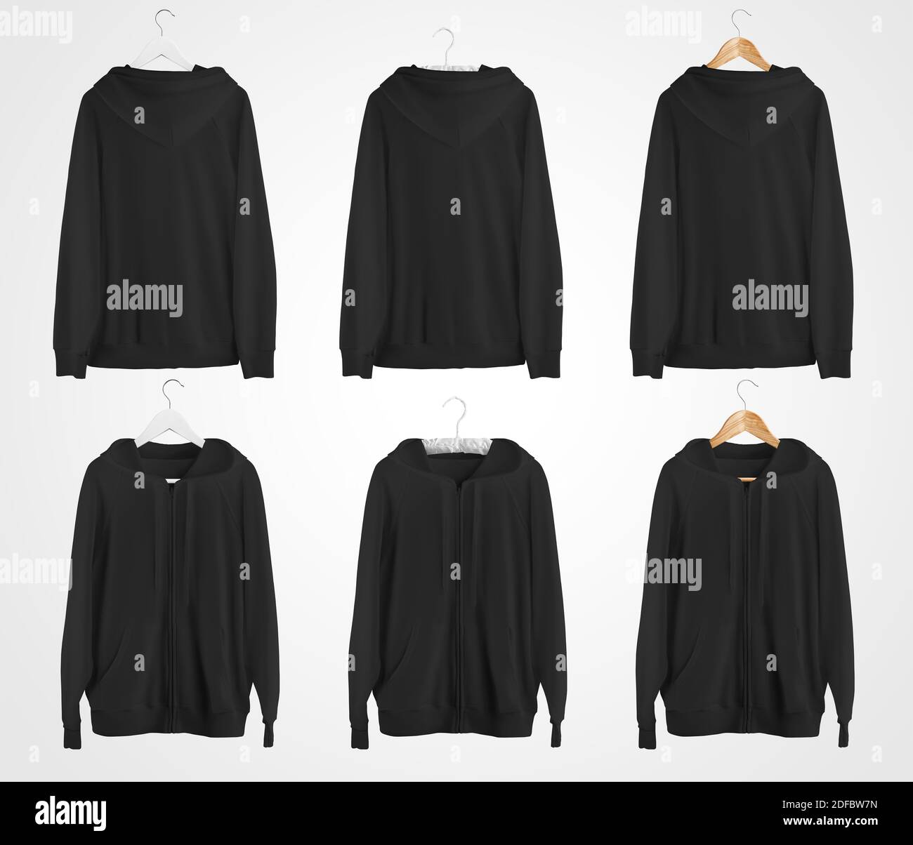 black hoodie mockup with ties pockets zipper blank apparel on hanger for design presentation print front back view clothes template for men st stock photo alamy