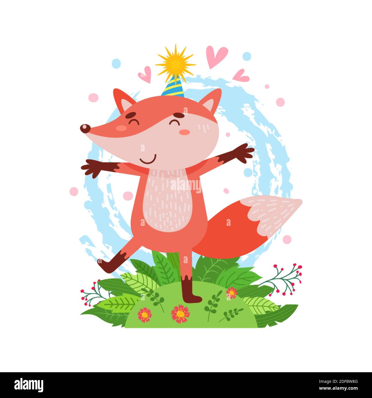 Cute fox stands on a green lawn. Simple illustration on an isolated background. Can be used as a design for office supplies, prints on clothes. Stock Vector