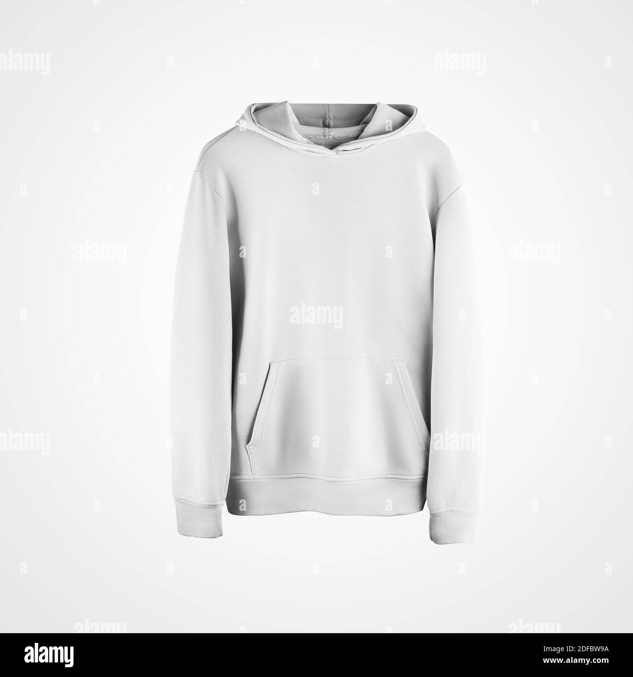 Mockup white hanging hoodie with pocket and hood, casual apparel for presentation of design, pattern, print. Blank sportswear template isolated on bac Stock Photo
