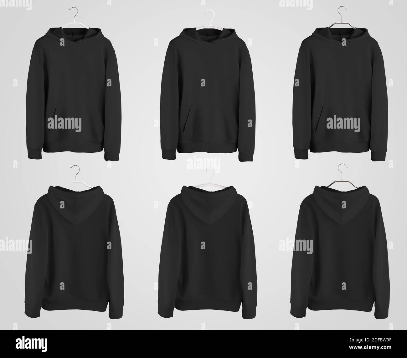 Black hoodie mockup on plastic, metal hanger, blank sportswear with pocket,  front, back view, isolated on background. Casual sweatshirt template for m  Stock Photo - Alamy