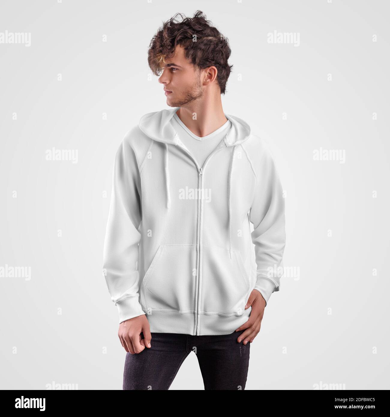 Mockup white hoodie with drawstring hood, pockets and zippers on guy