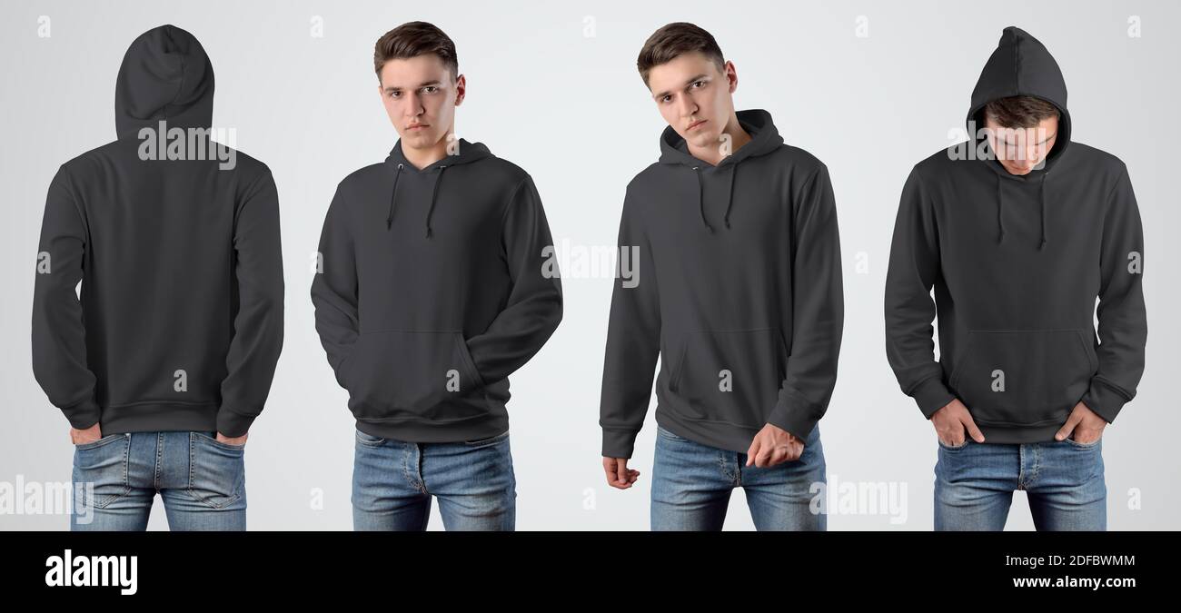 Mockup black blank hoodie on a young guy for design presentation. Set with front and rear views. Template of men's casual clothes for advertising in t Stock Photo