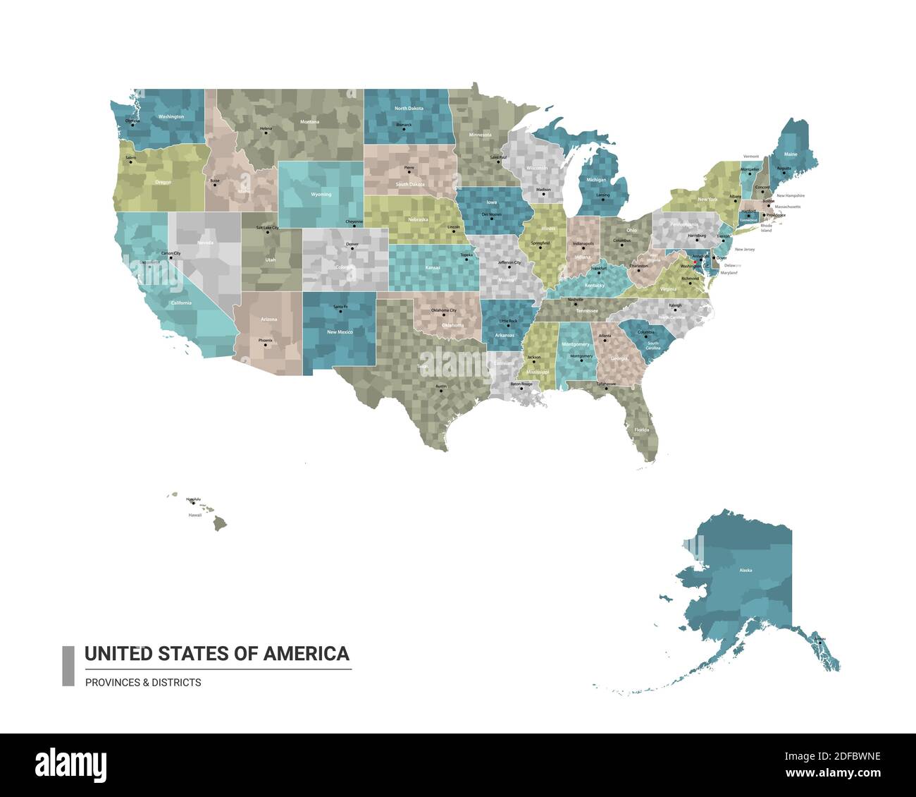 The United States of America (USA) higt detailed map with subdivisions. Administrative map of The United States of America (USA) with districts and ci Stock Vector